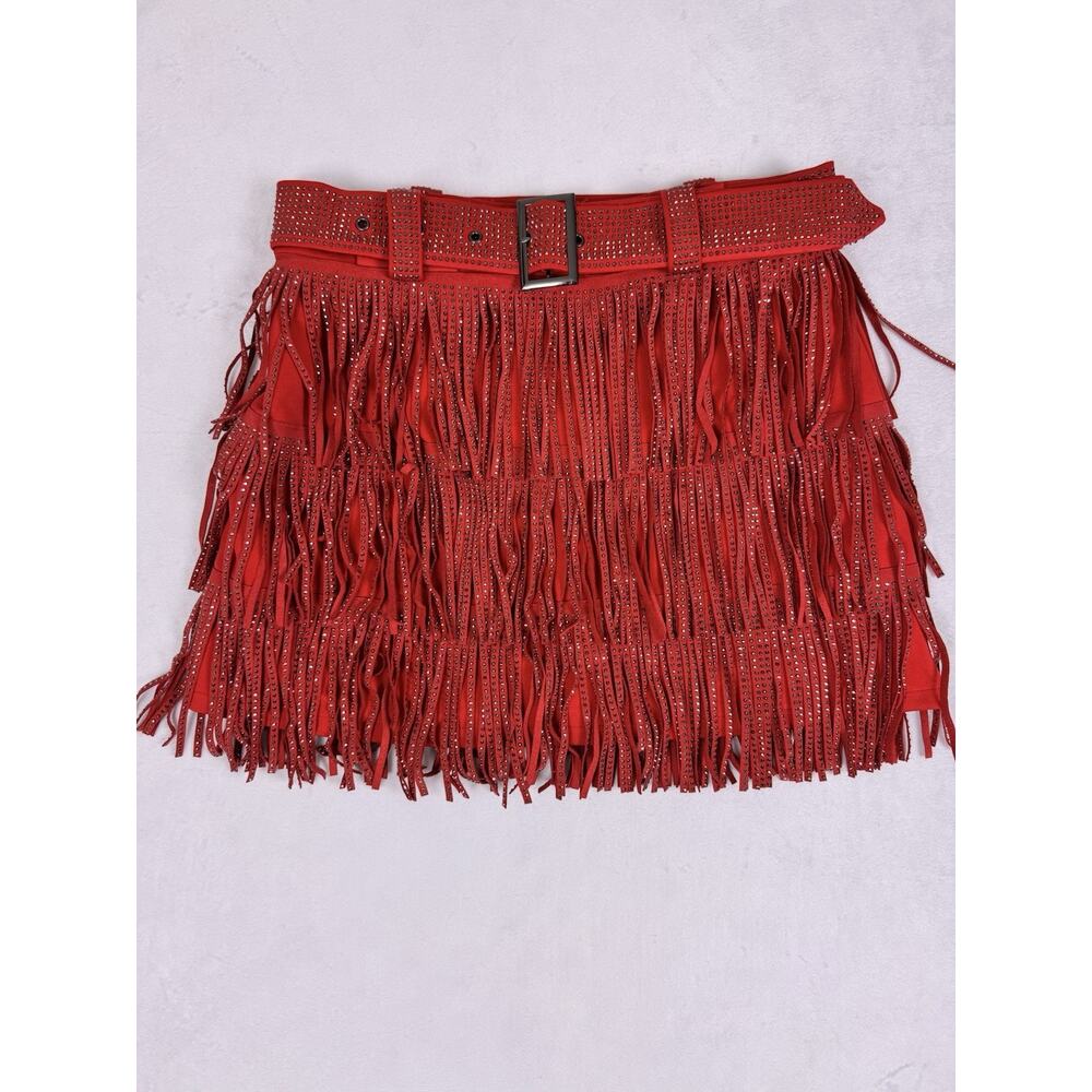 Women’s Red Fringe Mini Skort Bling Rhinestone Y2K Party Club Festival Size S